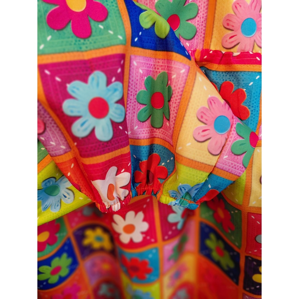 Vibrant Floral Patchwork Square Neck‎ Long Sleeve Blouse Top Colorful Retro - Picture 4 of 8